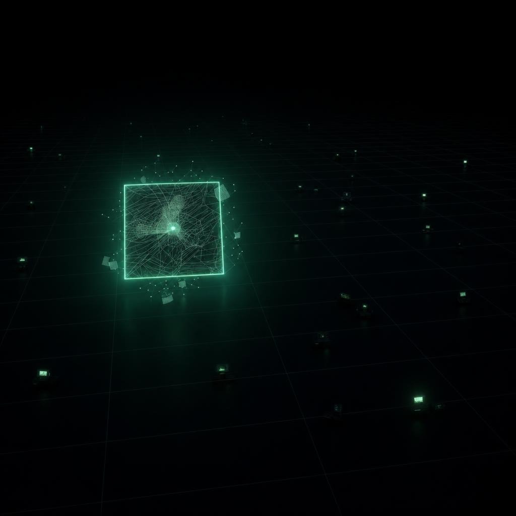 The BlocBrain cube seen from above, hovering over a dark grid floor of distant monitors
